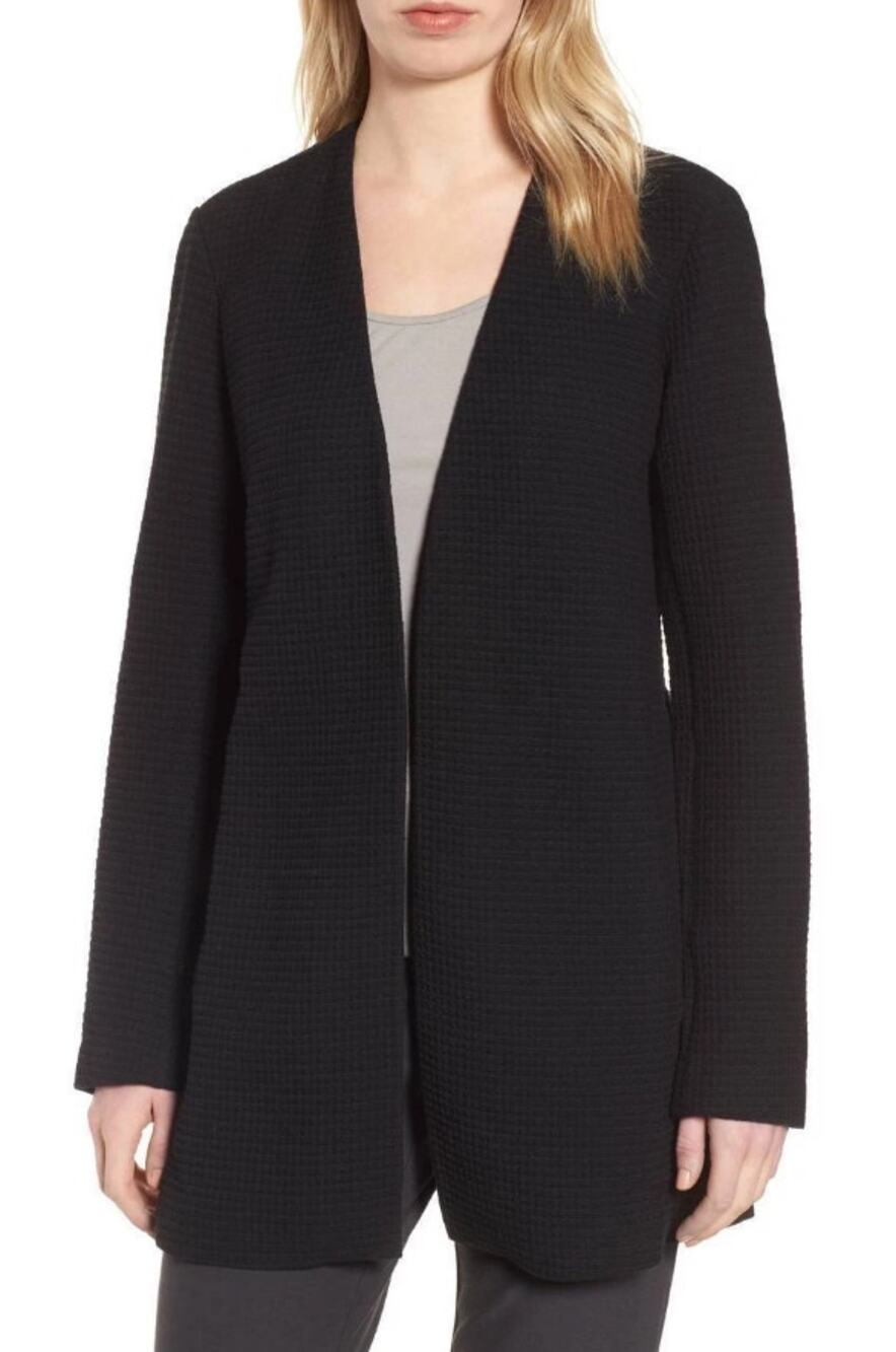 Eileen Fisher Black Waffle Knit Jacket Sweater Minimalist Women's size Medium